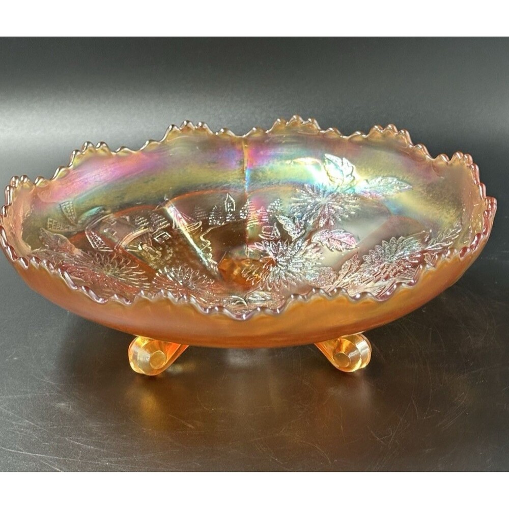 Vintage Imperial Carnival Windmill Pattern Footed Round Glass Bowl with 3 Feet